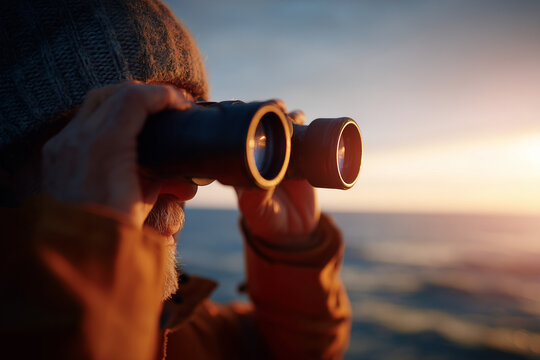 Man wearing knit hat using binoculars looking at the sea during sunset.
