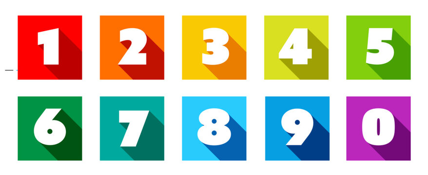 Chiffres 0 &agrave; 9 dans carr&eacute;s multicolores	