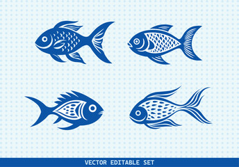 This editable vector set features four unique hand-drawn fish illustrations. perfect for seafood menus, kids’ books, educational materials, aquarium infographics