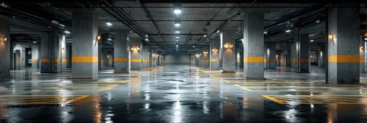 Spacious underground parking garage with wet floors and bright lighting during the evening