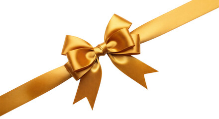 Gold satin gift bow on a diagonal ribbon for celebration. Isolated on transparent background, png