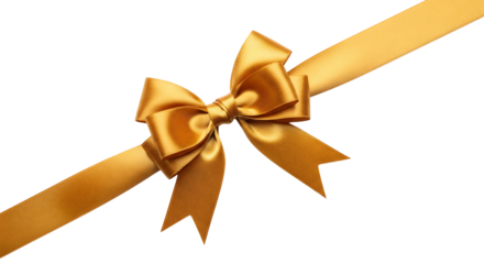 Gold satin gift bow on a diagonal ribbon for celebration. Isolated on transparent background, png
