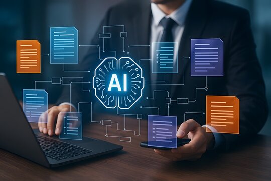 Business person using laptop and smartphone with artificial intelligence brain icon and digital data workflow documents on virtual screen