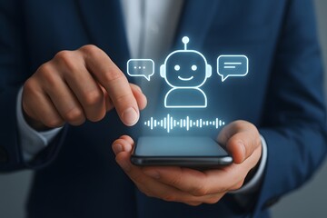Business person using smartphone with chatbot robot icon speech bubbles and glowing voice waveform in digital communication interface