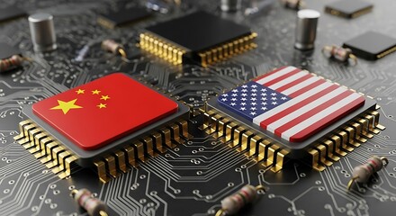 Us and china flags on computer chips