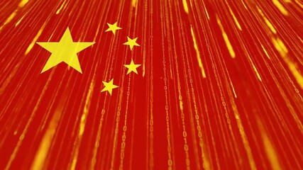Chinese Flag with Streaming Digital Data and Golden Stars in Red Background - Powered by Adobe