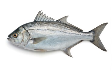 Naklejka premium Single silver fish with shimmering blue body, dark gray head. Fish swims in center of frame. Light gray background makes fish focal point. Fish glides through water, motion frozen in detail. Fish