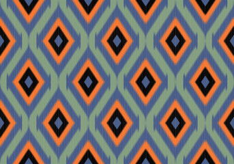 s Bold seamless ikat  design in earthy olive, burnt orange, black, and deep blue tones, forming nested diamond shapes with a strong tribal and rustic aesthetic.