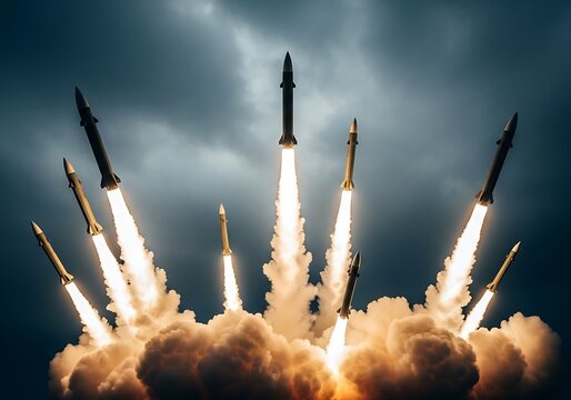 Multiple rockets launching into a stormy sky