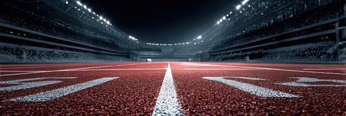 Racetrack view at a large stadium during an athletic event in the evening under bright lights