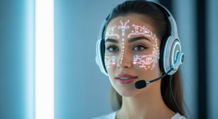 Woman with glowing circuit patterns on face wearing headphones microphone headset