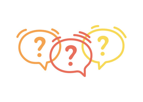 Three line colorful speech bubble icons with question marks. Concept of asking frequent questions or communication. FAQ and solution. Vector flat illustration