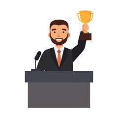 Triumphant Speaker Celebrating Success with Award Victory Speech at Podium