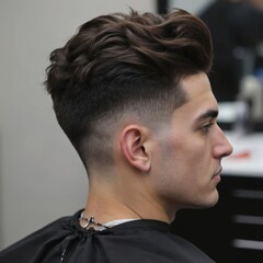 Man waits for haircut in barber chair. Black cape indicates professional environment. Chair positioned in front of mirror reflects scene. Classic style haircut with short bob, side-partitioned bangs.