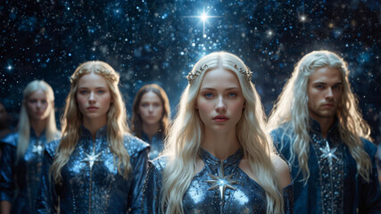 A group of Pleiadians, beautiful ethereal light beings and lightworkers, in a mystical and otherworldly atmosphere