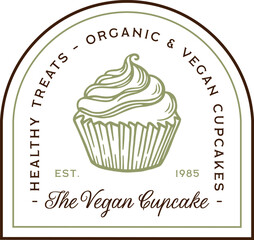 Vegan cupcake organic healthy treats plant based whole food homemade cake dessert logo label sticker packaging. Fancy retro vintage green aesthetic text drawing illustration printable design clipart.