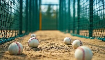 Multiple Cricket Balls Scattered on Practice Pitch Inside Net Cage – Perfect Sports Training Scene for Athletic, Coaching, or Game Preparation Concepts