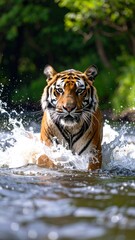 Majestic tiger strides through shallow water, splashing