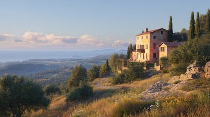 Fototapeta premium Countryside Villa Overlooking Scenic Landscape. Tranquil Retreat In Nature's Beauty