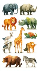Colorful illustrations of various animals including elephants, lions, and rhinos in a creative display