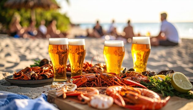 Beachside feast with frosty beers and fresh seafood—shrimp, crab, lemon slices, and greens