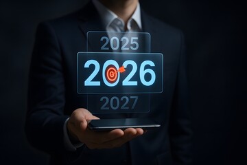 Businessman holding phone with glowing future target year 2026 and timeline of goals in digital blue interface