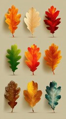 Display of autumn leaves in various colors arranged in a grid on a neutral background