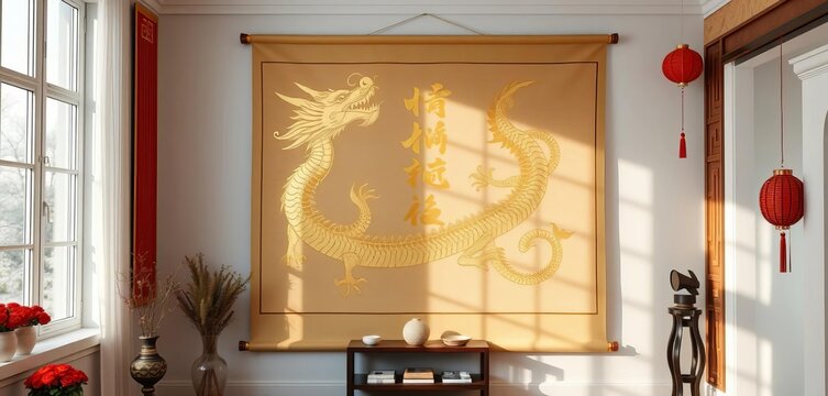 Elegant gold calligraphy dragon wall scroll hangs in sunlit room with festive decor,  elegant,  home decor