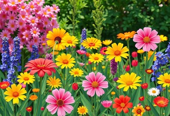 Fototapeta premium Flat design summer flowers in cheerful garden Colorful vector illustration perfect for cards, stickers, and more, flat design, garden