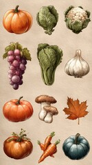 Colorful collection of autumn vegetables and fruits illustrated with detailed textures and shading