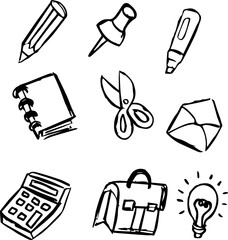 Office supplies and tools in hand-drawn style on white background  