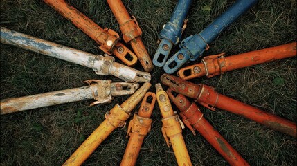 Colorful metal poles arranged in a circle on the grass.