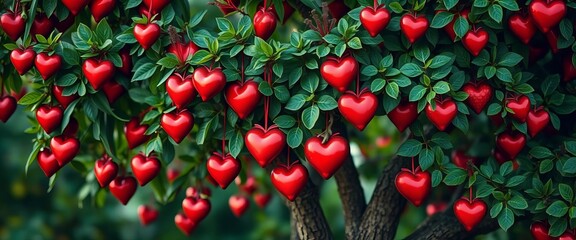 Fototapeta premium Heart-shaped tree with red heart ornaments, lush green leaves, pretty, botanical