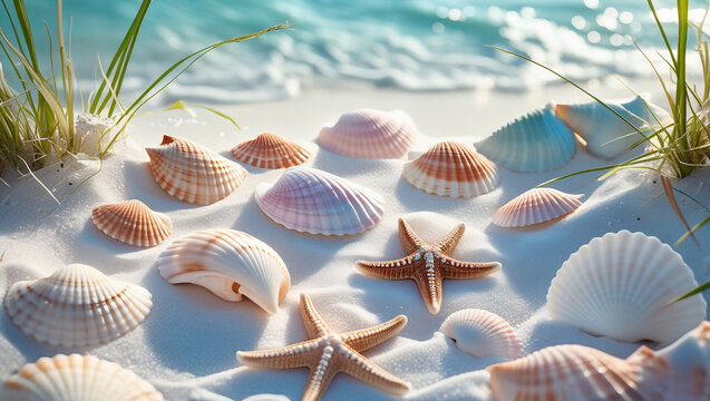 Starfish and seashells on white sand with blue ocean. Perfect for travel brochures, coastal blogs, and marine life content.