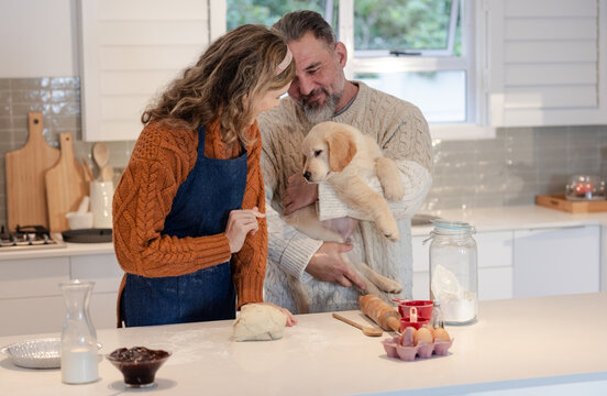 Couple kneading dough and cuddling puppy at home kitchen island with jar of flour and eggs - Powered by Adobe