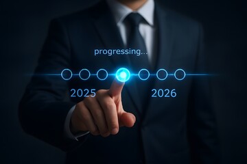 Businessman touching virtual timeline interface with glowing progress indicator showing transition from year 2025 to 2026