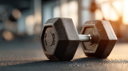 A close-up of a black hexagonal dumbbell lying on a gym floor with blurred gym equipment and warm sunlight in the background.