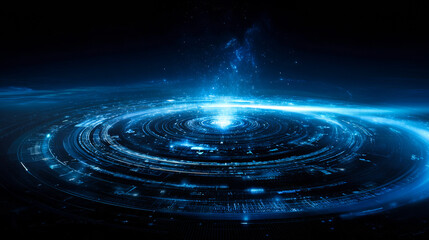 A futuristic and sleek abstract digital technology design featuring circular panels with glowing blue light beams