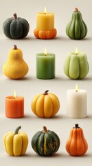 Unique collection of decorative candles shaped like various pumpkins and gourds arranged aesthetically on a neutral background