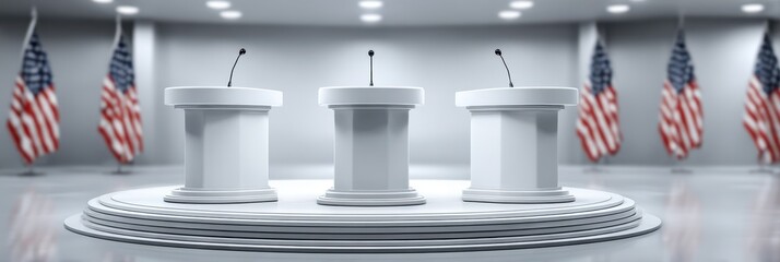 Three empty podiums set for a political debate event in a formal setting with American flags displayed
