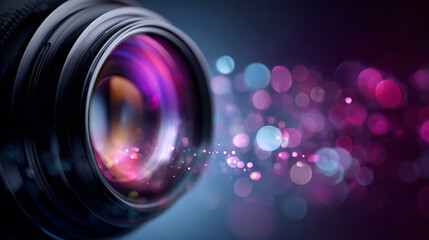 Video camera lens extreme close-up, photo, cinematography and media concept