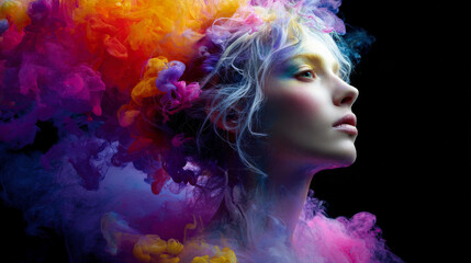 Fototapeta premium A beautiful woman with her hair made of colorful smoke, creative artistic portrait