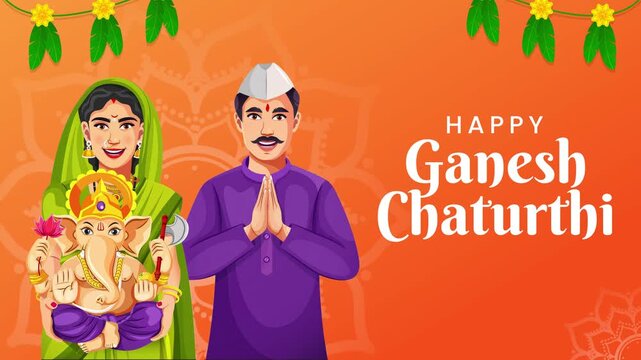 Happy Ganesh Chaturthi! 
Animated vector template of a couple celebrating the joyful festival. May Lord Ganesha bless your home with peace, joy, and boundless prosperity. Happy Ganeshotsav! 
