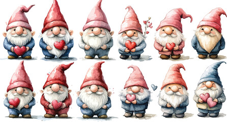 Watercolor Seamless Pattern of Valentine s Day Gnomes Holding Hearts on a White Background