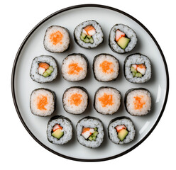 Delicious japanese sushi rolls presented elegantly on a white plate with transparent background