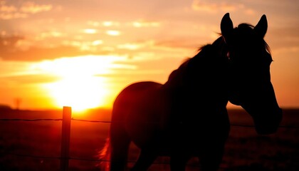 Obraz premium Silhouetted horse gazing at vibrant sunset, wire fence in foreground, fence, golden hour