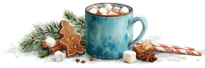 Cozy winter drink with marshmallows, gingerbread cookie, and festive decorations in a warm setting