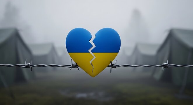 Broken heart with ukrainian flag on barbed wire