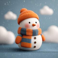 Cute snowman wearing an orange hat and blue striped scarf stands happily on a snowy background with clouds above