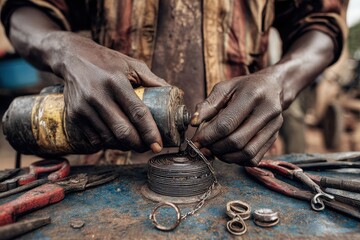 Close-up of dark-skinned hands meticulously working on a metal part